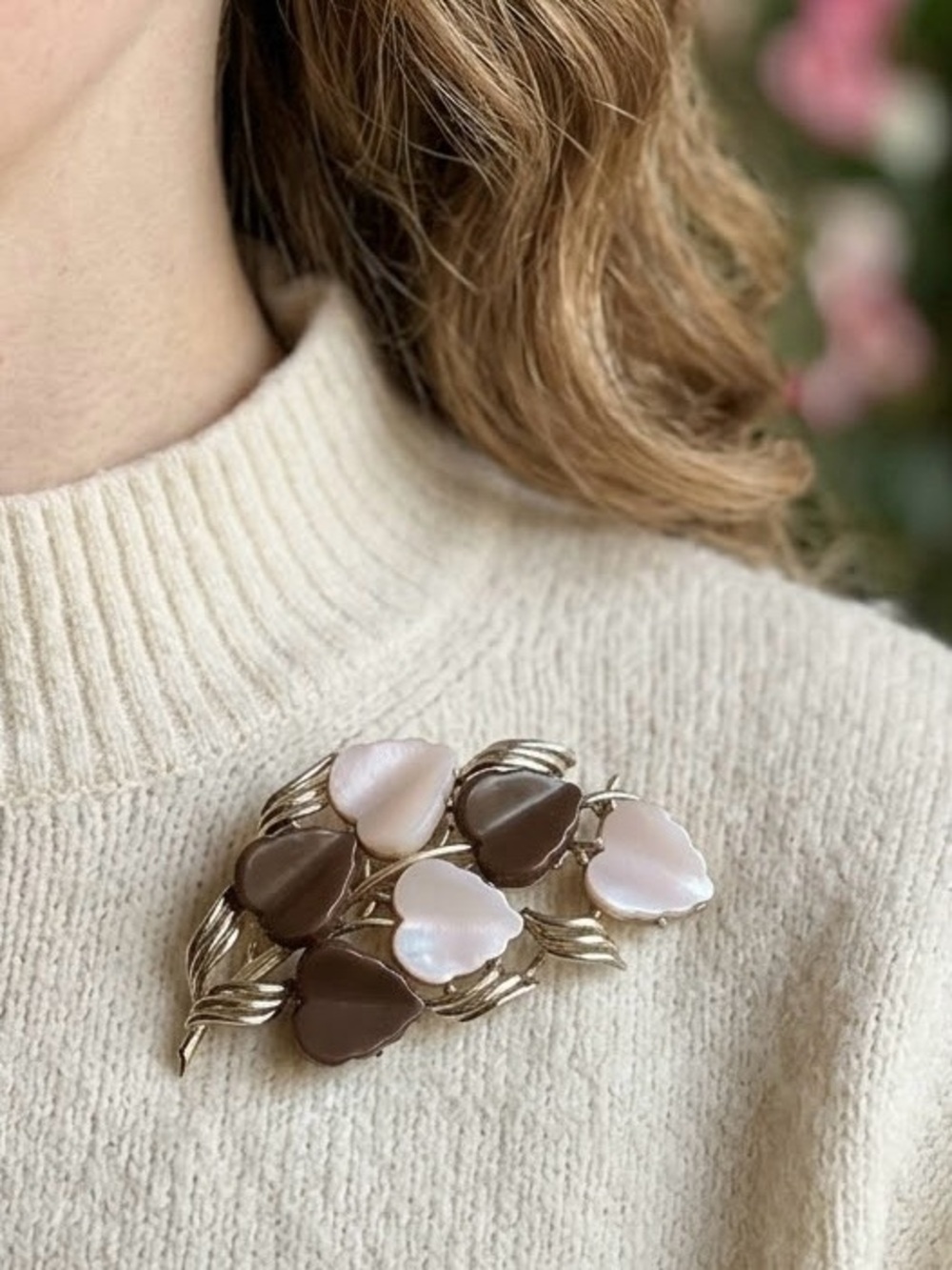 Vintage Signed Coro Gold Tone Brown White Leaf Spray Brooch Pin